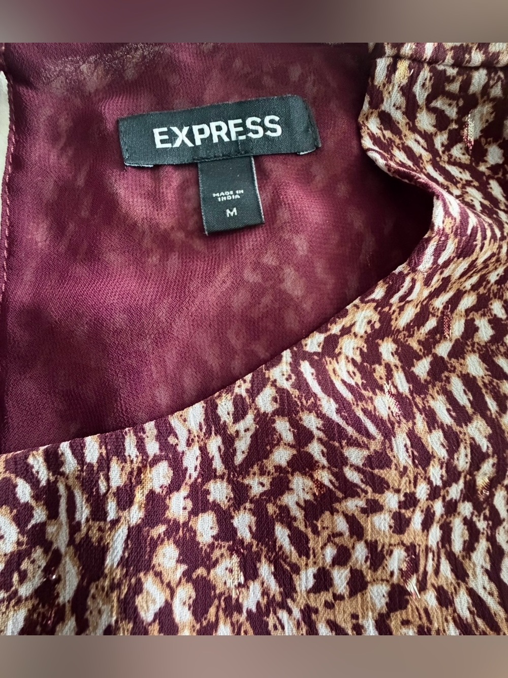 EXPRESS Maroon/Gold with Glitter Printed Long Sleeve Smocked Waist Top Blouse - Picture 7 of 11
